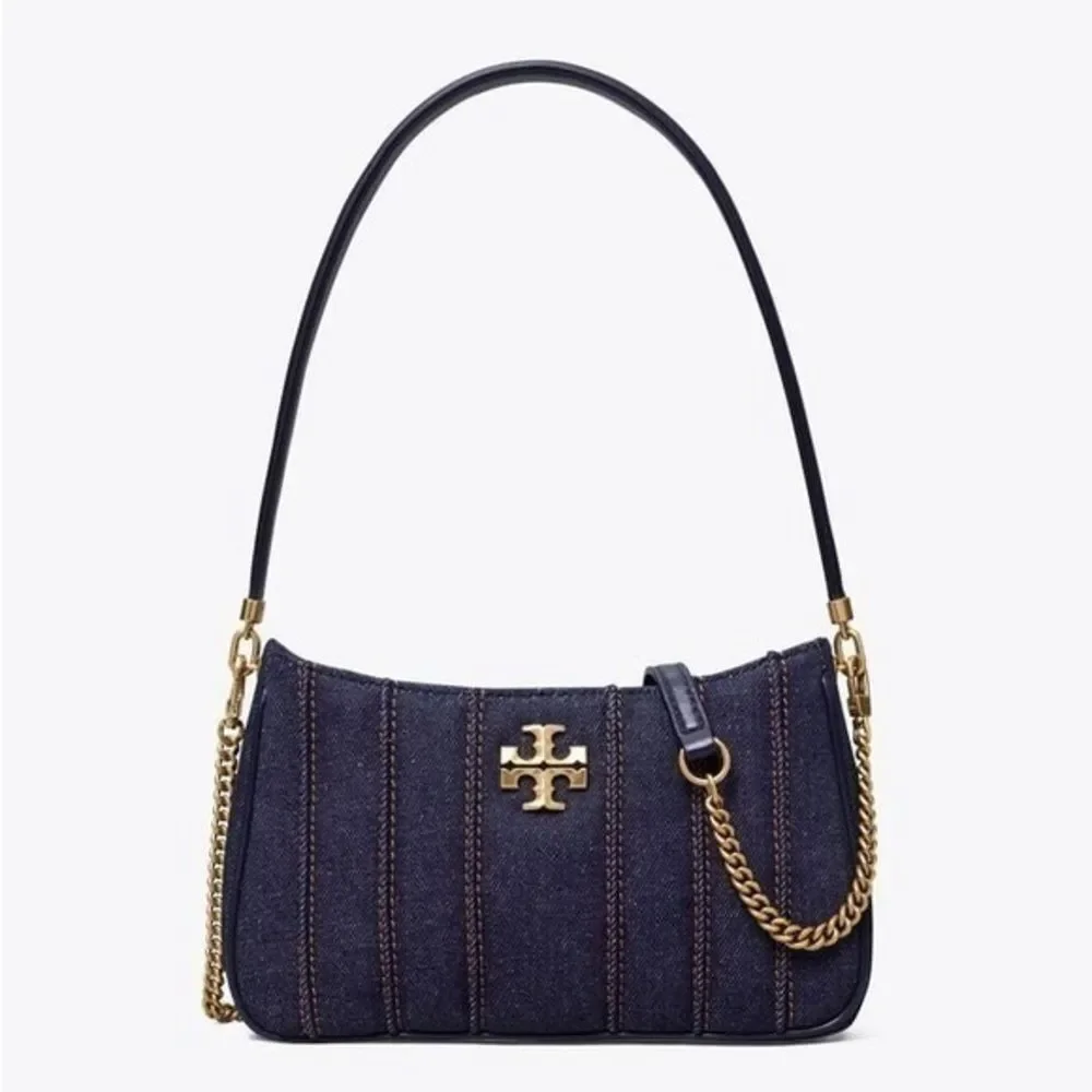 NWT Tory Burch Kira Denim Mini Quilted Crossbody Shoulder Bag Gold Navy Blue